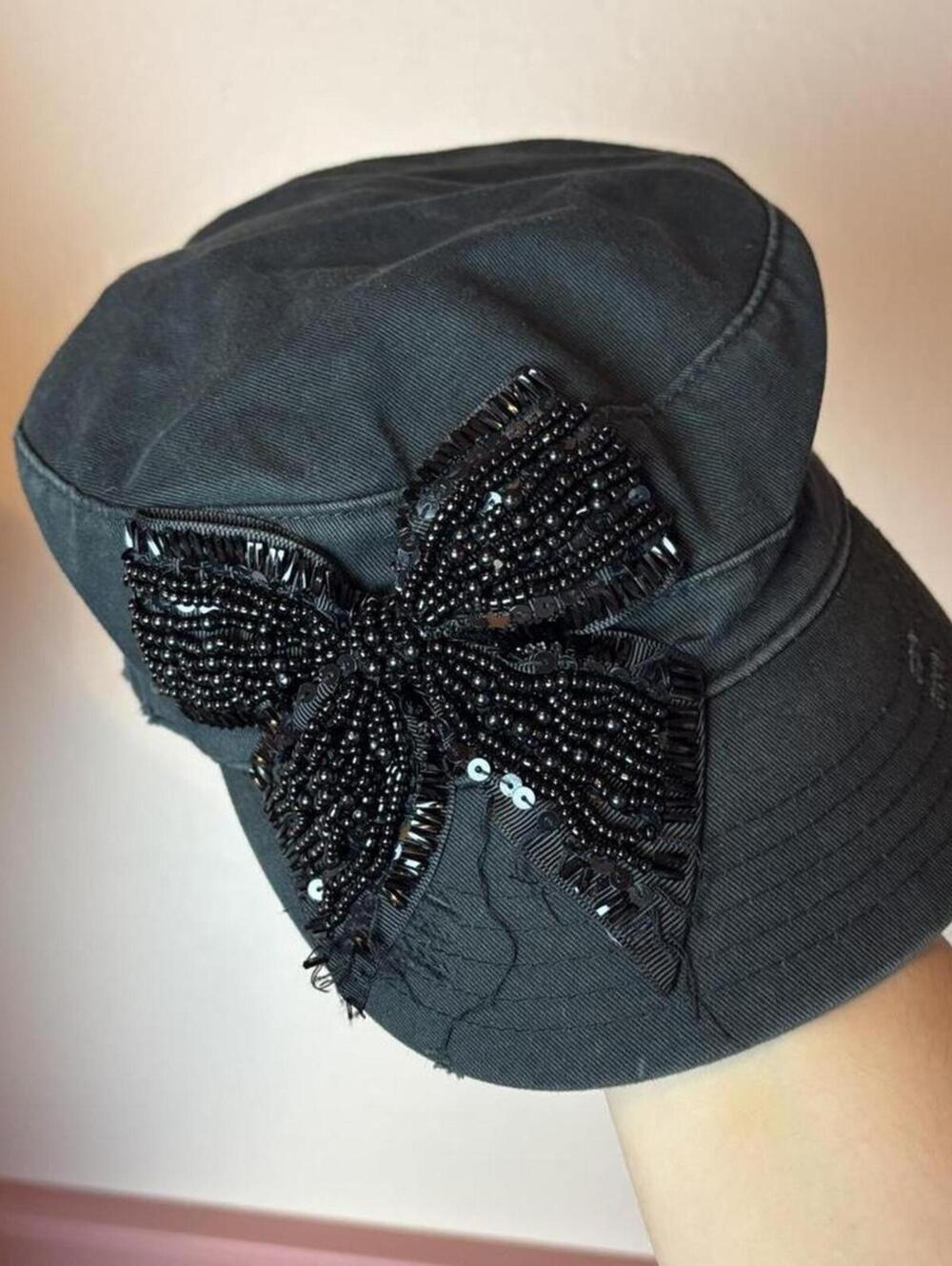 2000s bling cadet newspaper cap  black bedazzled and beaded bow distressed y2k